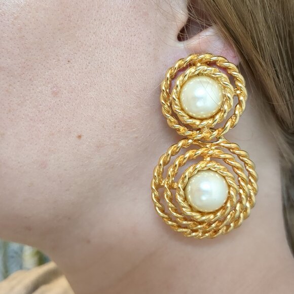 Vintage Gold-Tone and Faux Pearl Drop Earrings - Picture 11 of 11